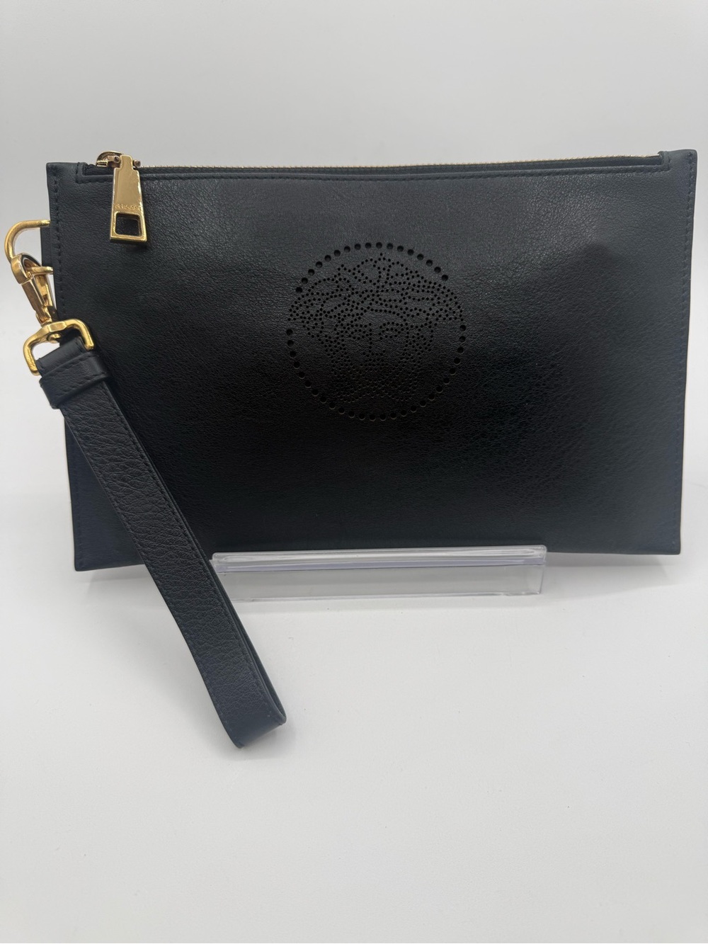 Versace Leather Wristlet Clutch with Gold Hardware/COA
